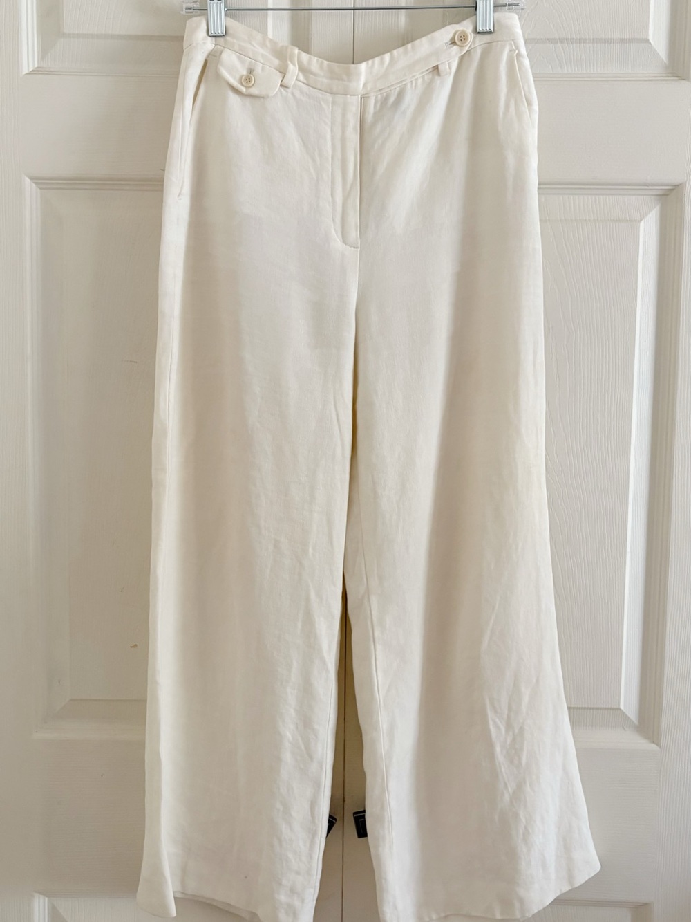 Theory Cream Linen Wide-Leg Trousers with Button Waist Detail